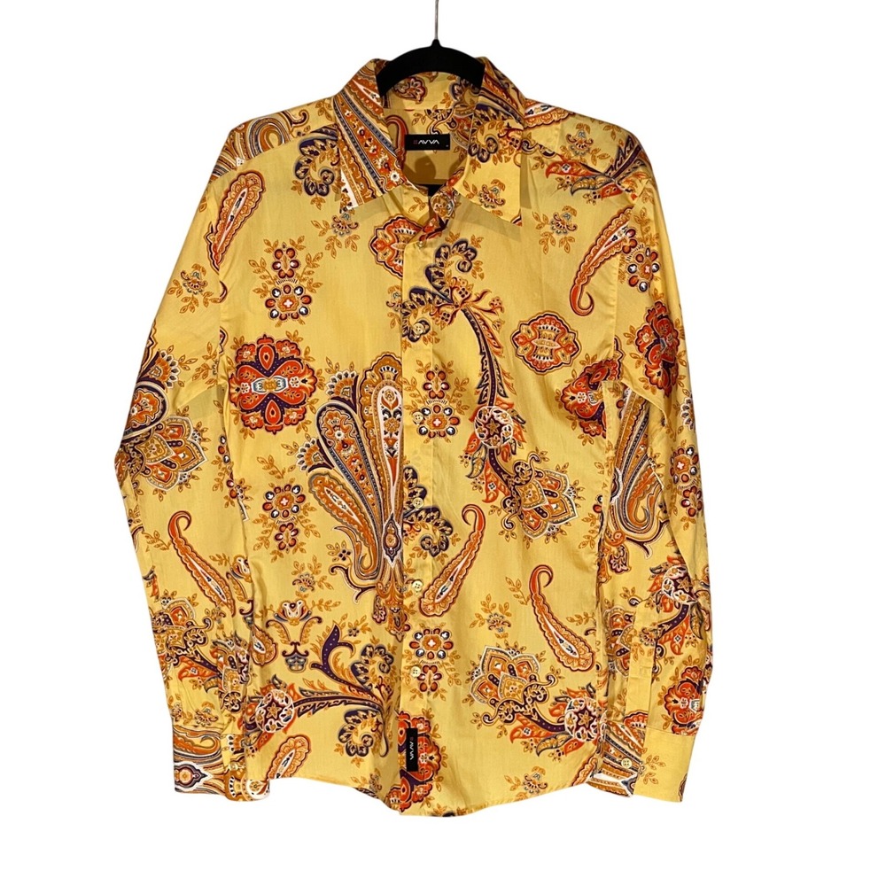 AVVA Project Men's Yellow Paisley Floral Print Button Down Shirt Size 
M Retro